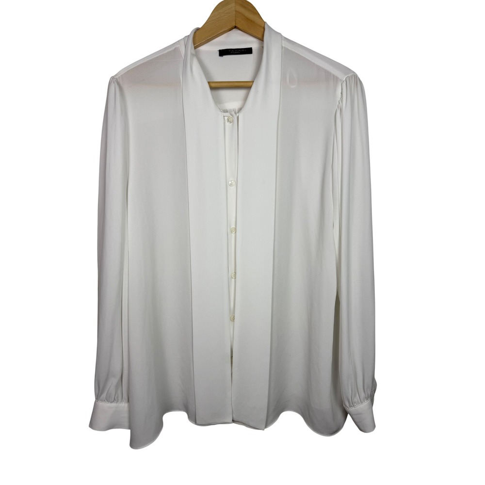 T Tahari Blouse Womens 1X White Tie Neck Button Down Long Sleeve Crepe Top